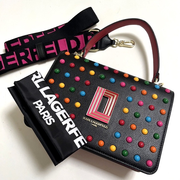 NWT Original $230 Karl Lagerfeld Paris Simone Flap Top Handle Crossbody Studded - Picture 11 of 11